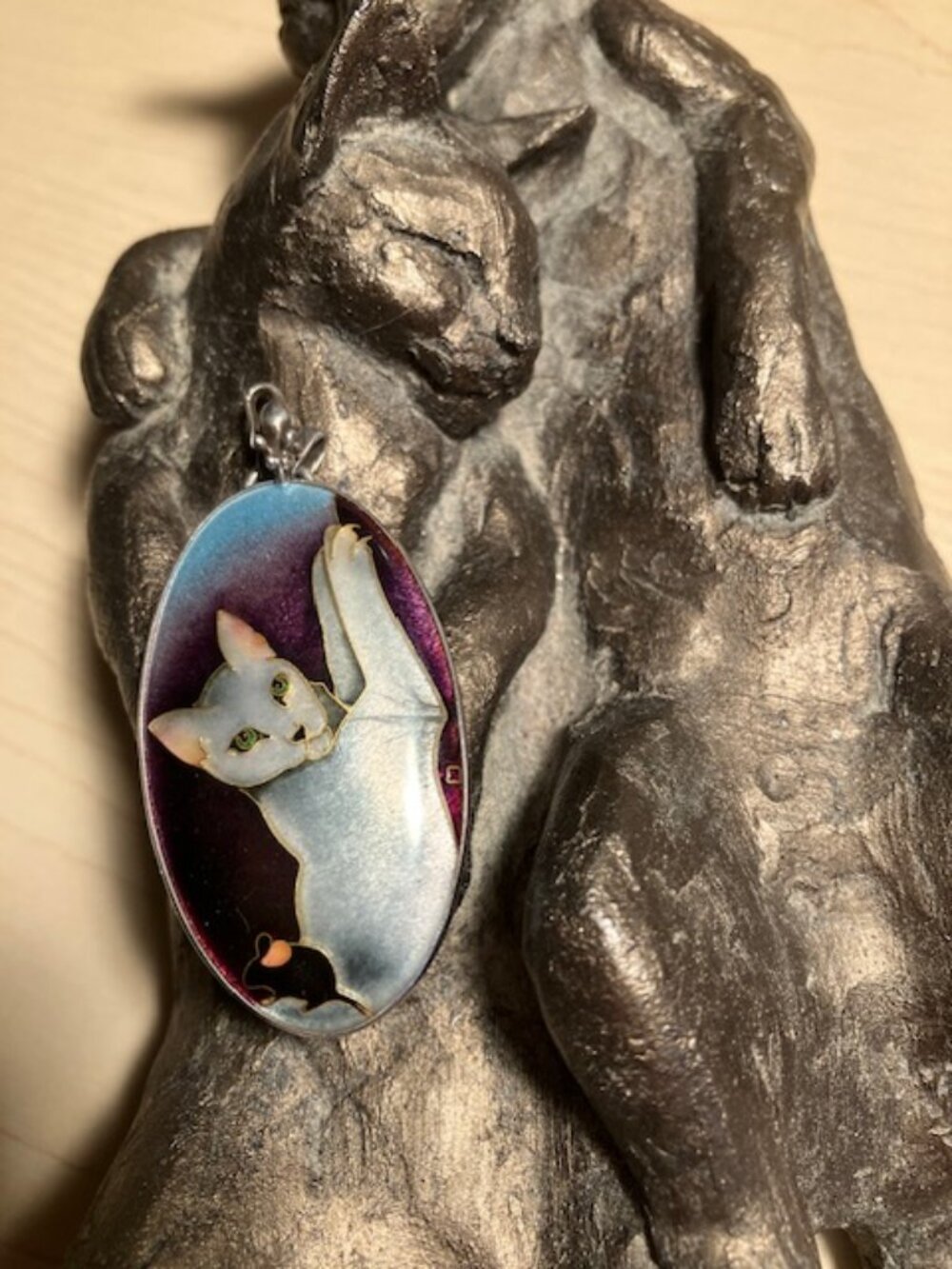 Vintage Cloisanne Enamel & Sterling Large Cat and Mouse Pendant
